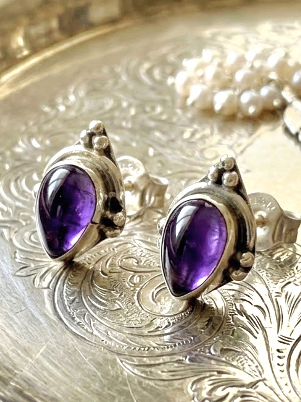 925 Sterling Silver Amethyst Teardrop Stud Earrings - Purple